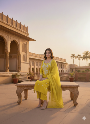 yellow embroidered roman silk pv chanderi unstitched dress material  2