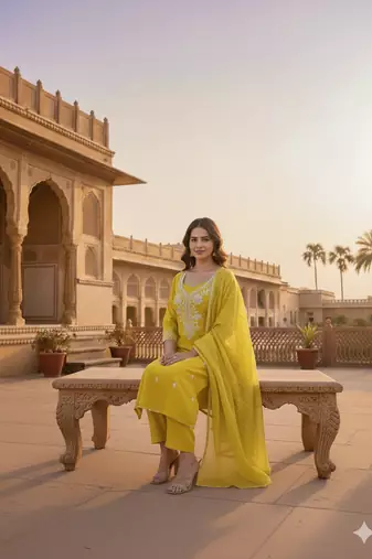 yellow embroidered roman silk pv chanderi unstitched dress material 