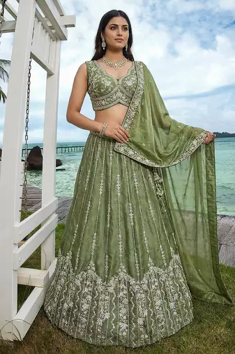 Women's Pista Chiffon Beads with Embroidered Lehenga Choli with Dupatta