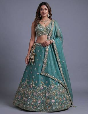 Women's Sea green Tissue Beads with Embroidered Lehenga Choli with Dupatta 1