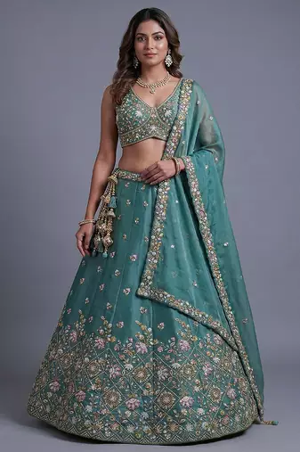 Women's Sea green Tissue Beads with Embroidered Lehenga Choli with Dupatta