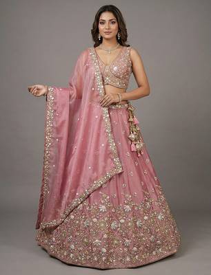Women's Pink Tissue Beads with Embroidered Lehenga Choli with Dupatta 1