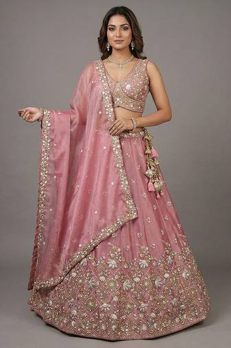 Women's Pink Tissue Beads with Embroidered Lehenga Choli with Dupatta
