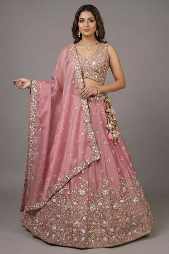Women's Pink Tissue Beads with Embroidered Lehenga Choli with Dupatta