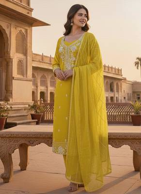 yellow embroidered roman silk pv chanderi unstitched dress material  3
