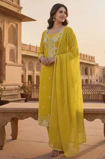 yellow embroidered roman silk pv chanderi unstitched dress material 