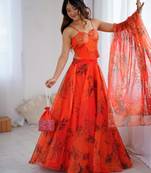 Orange Organza Corset Lehenga Set with Batwa Bag