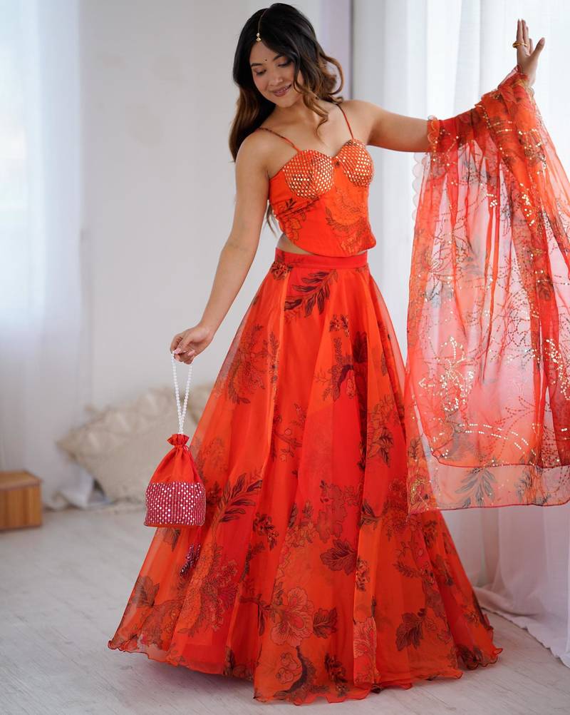 Orange Organza Corset Lehenga Set with Batwa Bag