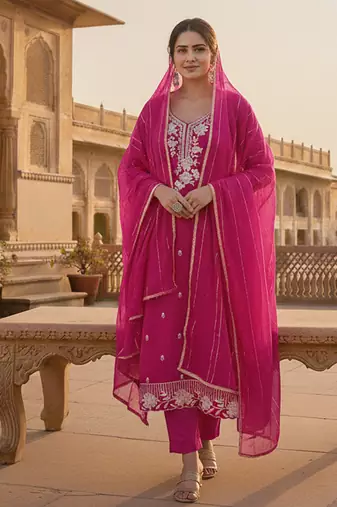 magenta embroidered roman silk pv chanderi unstitched dress material 