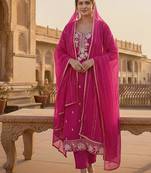 magenta embroidered roman silk pv chanderi unstitched dress material 