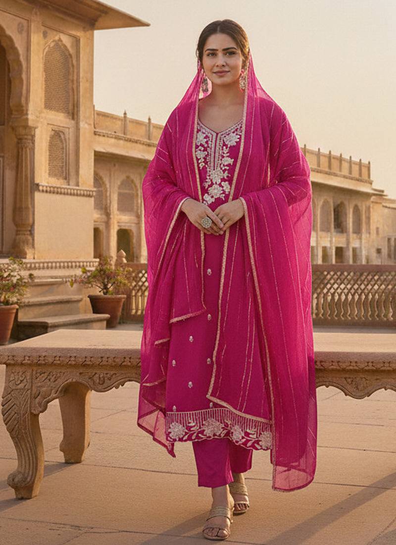 magenta embroidered roman silk pv chanderi unstitched dress material 