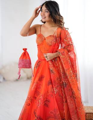 Orange Organza Corset Lehenga Set with Batwa Bag 2