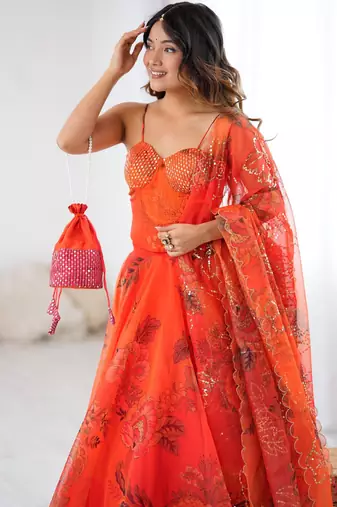 Orange Organza Corset Lehenga Set with Batwa Bag