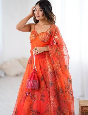 Orange Organza Corset Lehenga Set with Batwa Bag 3