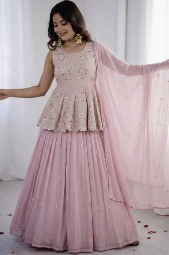 Pink Faux Georgette Embroidered Lehenga Set