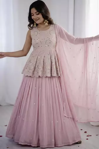 Pink Faux Georgette Embroidered Lehenga Set