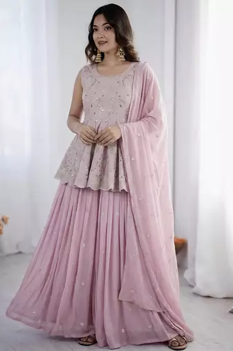 Pink Faux Georgette Embroidered Lehenga Set