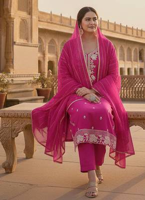 magenta embroidered roman silk pv chanderi unstitched dress material  2