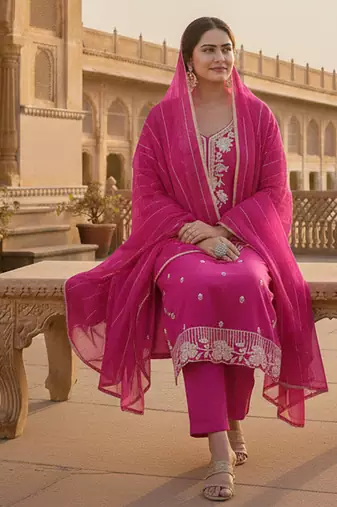 magenta embroidered roman silk pv chanderi unstitched dress material 