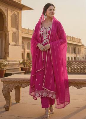 magenta embroidered roman silk pv chanderi unstitched dress material  3