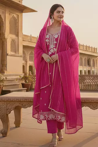 magenta embroidered roman silk pv chanderi unstitched dress material 