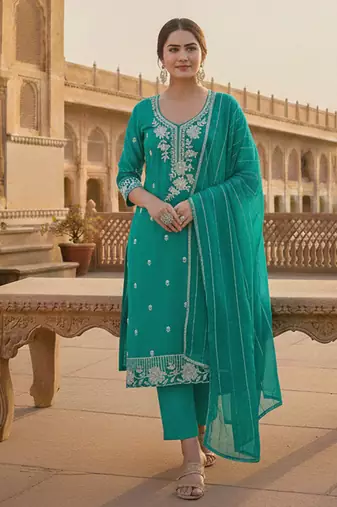 sea green embroidered roman silk pv chanderi unstitched dress material 