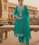 sea green embroidered roman silk pv chanderi unstitched dress material 