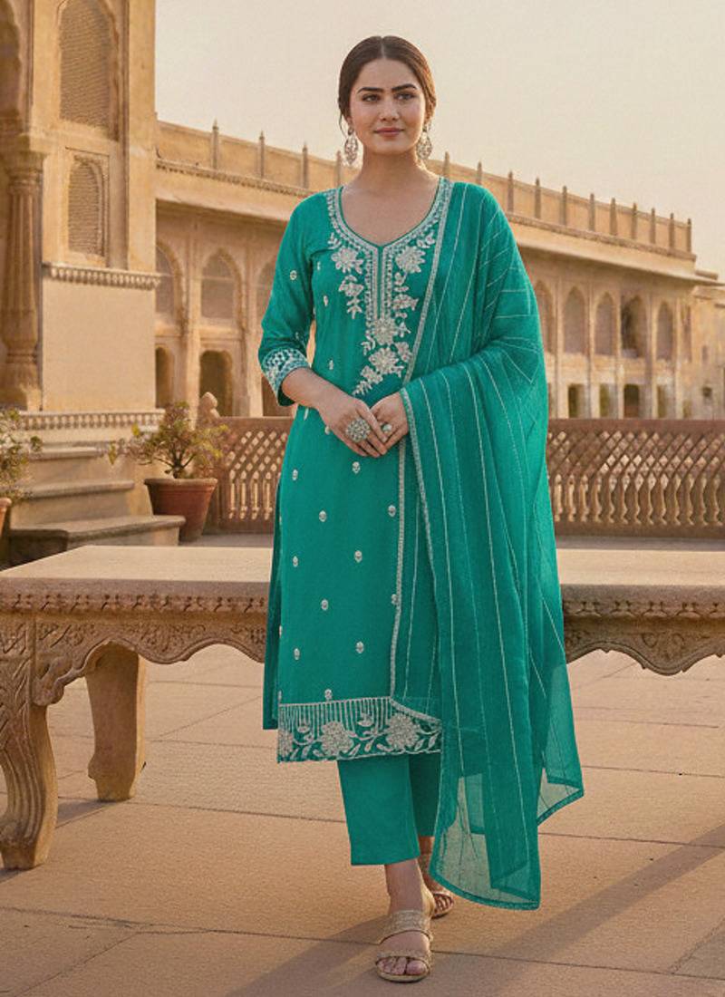 sea green embroidered roman silk pv chanderi unstitched dress material 