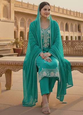 sea green embroidered roman silk pv chanderi unstitched dress material  2