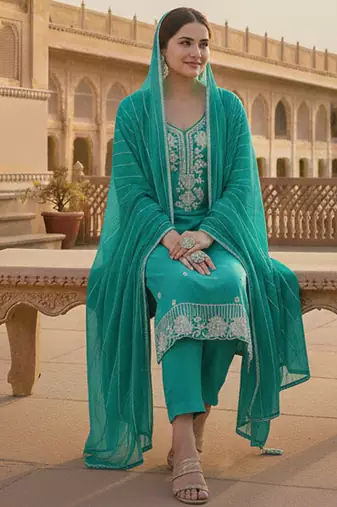 sea green embroidered roman silk pv chanderi unstitched dress material 