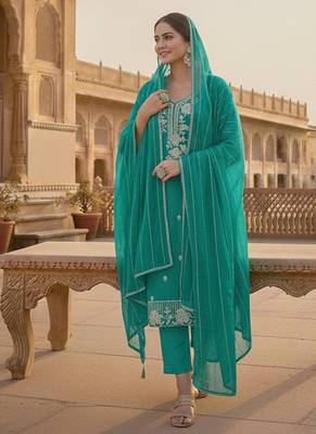 sea green embroidered roman silk pv chanderi unstitched dress material  3