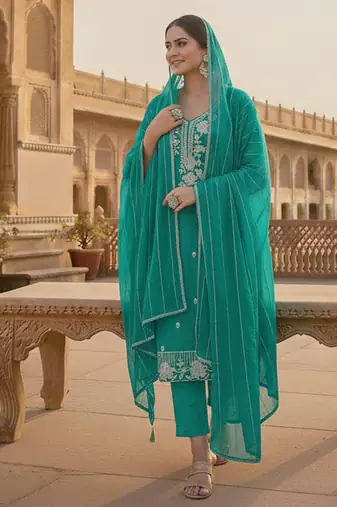 sea green embroidered roman silk pv chanderi unstitched dress material 