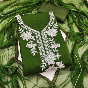 green embroidered roman silk pv chanderi unstitched dress material  1