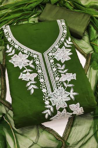 green embroidered roman silk pv chanderi unstitched dress material 