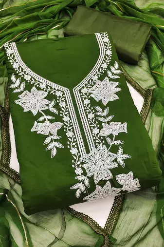 green embroidered roman silk pv chanderi unstitched dress material 