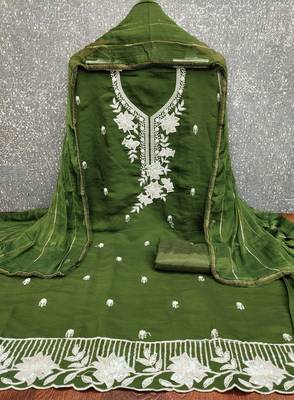 green embroidered roman silk pv chanderi unstitched dress material  2