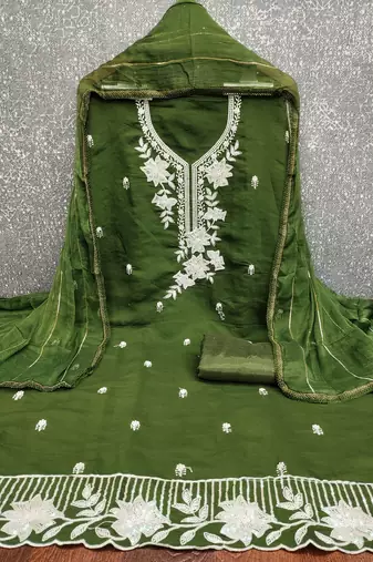 green embroidered roman silk pv chanderi unstitched dress material 