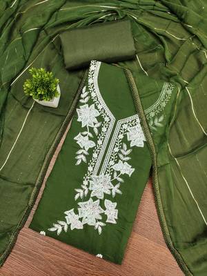 green embroidered roman silk pv chanderi unstitched dress material  3
