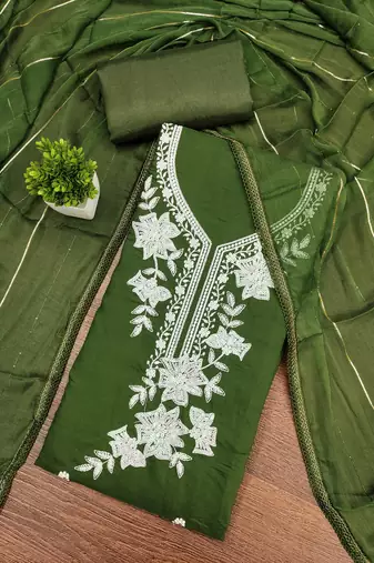 green embroidered roman silk pv chanderi unstitched dress material 