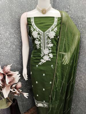 green embroidered roman silk pv chanderi unstitched dress material  4
