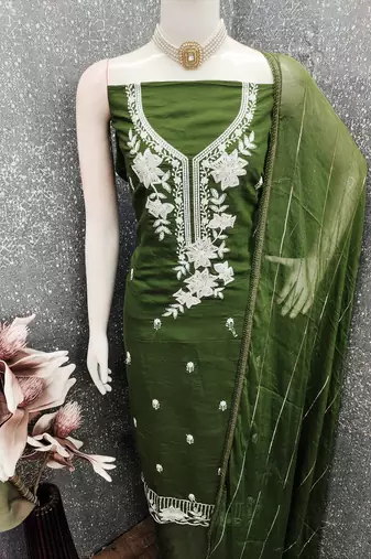 green embroidered roman silk pv chanderi unstitched dress material 