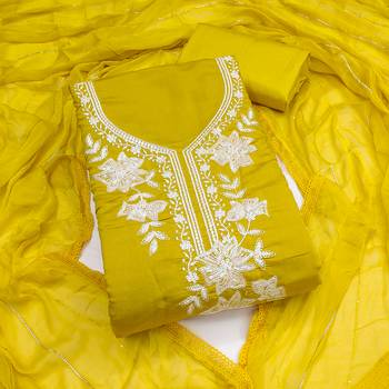 yellow embroidered roman silk pv chanderi unstitched dress material  1