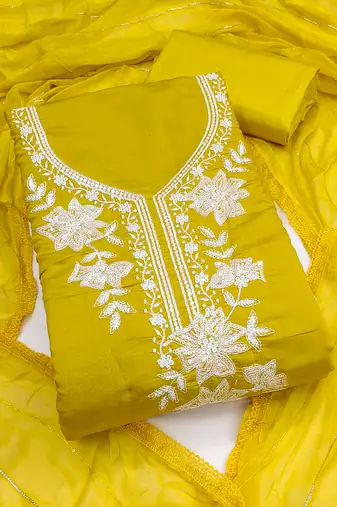 yellow embroidered roman silk pv chanderi unstitched dress material 