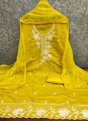 yellow embroidered roman silk pv chanderi unstitched dress material  2