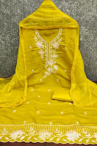 yellow embroidered roman silk pv chanderi unstitched dress material 