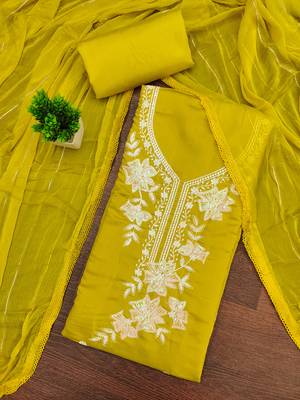 yellow embroidered roman silk pv chanderi unstitched dress material  3