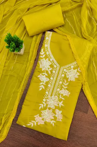 yellow embroidered roman silk pv chanderi unstitched dress material 