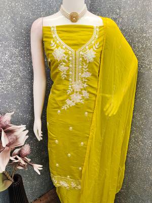 yellow embroidered roman silk pv chanderi unstitched dress material  4