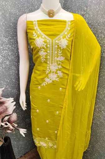 yellow embroidered roman silk pv chanderi unstitched dress material 