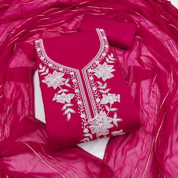 magenta embroidered roman silk pv chanderi unstitched dress material  1